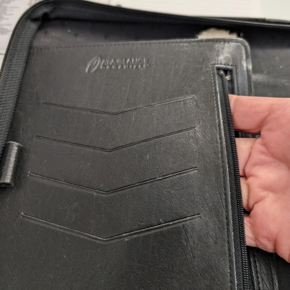 Vtg Black Leather At A Glance Planner Organizer 7 Rings 8.5